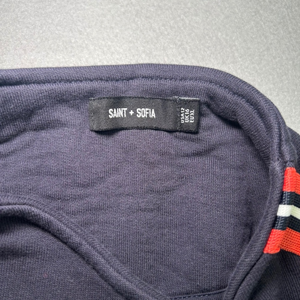 Saint + Sofia Jacket Womens 12 Navy Blue Striped Asymmetrical Organic Cotton Zip - Picture 3 of 9